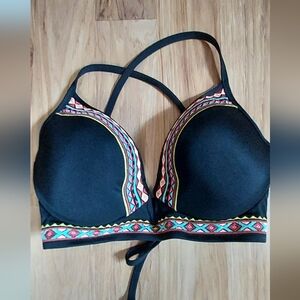 Shade And Shore Black Multicolor Bikini Bra Top Size 34DD Aztec Geometric Tribal
